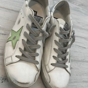 Golden Goose Tennis Shoe- Superstar with Lime Green Star and Silver Heel Tab.
